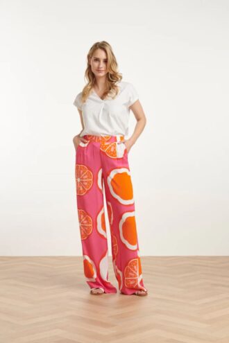 25027 Wide Leg Broek Met Oranje Fruitprint